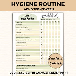Könnte beinhalten: Eine druckbare Hygiene-Checkliste für Teenager mit dem Titel Jack's Clean Routine. Das Dokument enthält Aufgabenlisten für morgens und abends mit Kontrollkästchen, Symbolen für Badezimmerartikel und einem runden Abzeichen mit der Aufschrift Editable in CANVA.