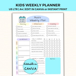 Op de afbeelding: Een afdrukbare wekelijkse planner voor kinderen met een lichtblauw en wit ontwerp. De planner bevat secties voor ochtend-, middag- en avondactiviteiten, een schema, dagelijkse taken en notities. De tekst bovenaan luidt "KIDS WEEKLY PLANNER".