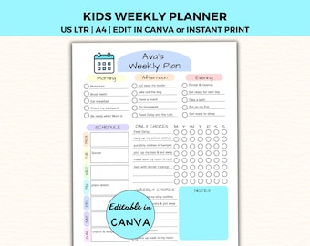 Wöchentliche Planer-Chart, Wöchentliche Checkliste für Kinder ADHD, bearbeitbar in Canva, sofort druckbar