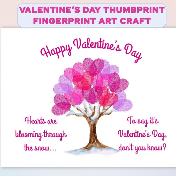 Valentine's Day Fingerprint Thumbprint Craft, Printable Poem Keepsake, Toddler and Kids Paint Activity, Handprint Art, PDF Instant Download
