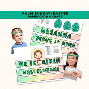 Könnte beinhalten: Bastelset für Papierkronen für Palmsonntag und Ostern. Das Set enthält Anleitungen und Vorlagen mit den Sätzen „Hosanna“, „Jesus ist König“, „Er ist auferstanden“ und „Halleluja!“ Das Design zeigt grüne Palmblätter und Jesus.