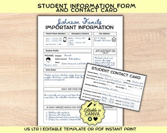 Editable Student Information Template, Back to School Emergency Contact Form, School & Daycare Child Profile, Teacher Student Contact Card