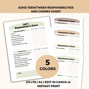 Herramienta para el TDAH, tabla de responsabilidades y tareas para adolescentes varones, plantilla editable de Canva o PDF imprimible al instante, lista de tareas de limpieza.