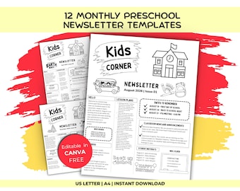 Monthly Preschool Newsletter Template, Black & White, Editable in Canva, Teacher Parent Communication, Pre-K Classroom Newsletter