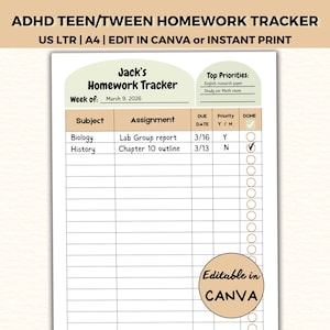 May include: A printable homework tracker document titled Jack's Homework Tracker with sections for subject, assignment, due date, priority, and completion status. The page includes a top priorities box and a circular badge stating Editable in CANVA.