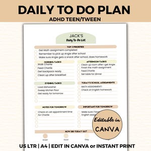 May include: A printable daily to-do list planner page titled DAILY TO DO PLAN ADHD TEEN/TWEEN. The document features sections for top 3 priorities, morning, afternoon, and evening tasks, school assignments, notes, and a mood tracker at the bottom.