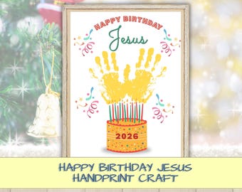 May include: A framed print featuring the text Happy Birthday Jesus in red and green lettering. The design includes two yellow handprints above a birthday cake with green candles and the year 2026 printed in red on the side, surrounded by confetti.