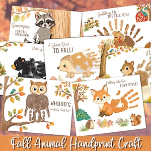 May include: A collection of six white craft sheets featuring fall-themed animal illustrations including a raccoon, turkey, bear, hedgehog, squirrel, owl, and fox. Each sheet includes handprint templates and text like Scavenging for Fall Treasure.