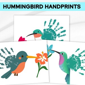 Op de afbeelding: Drie rechthoekige kunstprints met illustraties van kolibries met vleugels van blauwgroene handafdrukken. De bovenste print toont een vogel met een rode keel, linksonder een vogel met een oranje snavel en bloem, en rechtsonder een vogel met een paarse borst.