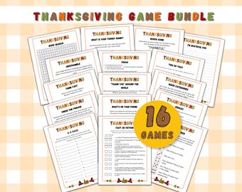 May include: A Thanksgiving game bundle featuring sixteen printed activity sheets with colourful headers. The collection includes word searches, trivia, unscramble games, and riddles, all centred around holiday themes with a central yellow circle badge.