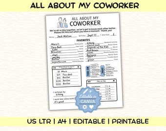 All About My Coworker Printable, Employee Favorites List, Favorite Things Questionnaire Template, All About Me Staff Survey, Edit in Canva