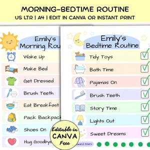 Modèle Canva d'emploi du temps quotidien imprimable pour enfants : liste de contrôle des routines, agenda quotidien modifiable (format US Letter et A4)