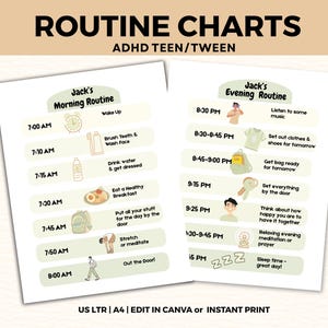 May include: Two white routine charts for an ADHD teen or tween titled Jack's Morning Routine and Jack's Evening Routine. Each chart features a list of tasks with times, descriptive icons, and text labels for daily activities, printed on US LTR paper.