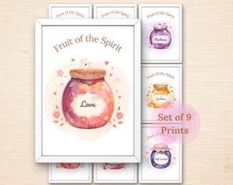 Fruit of the Spirit Bible Verse Printable Wall Art Set of 9, for Playroom, Sunday School Classroom, Christian School, Homeschool