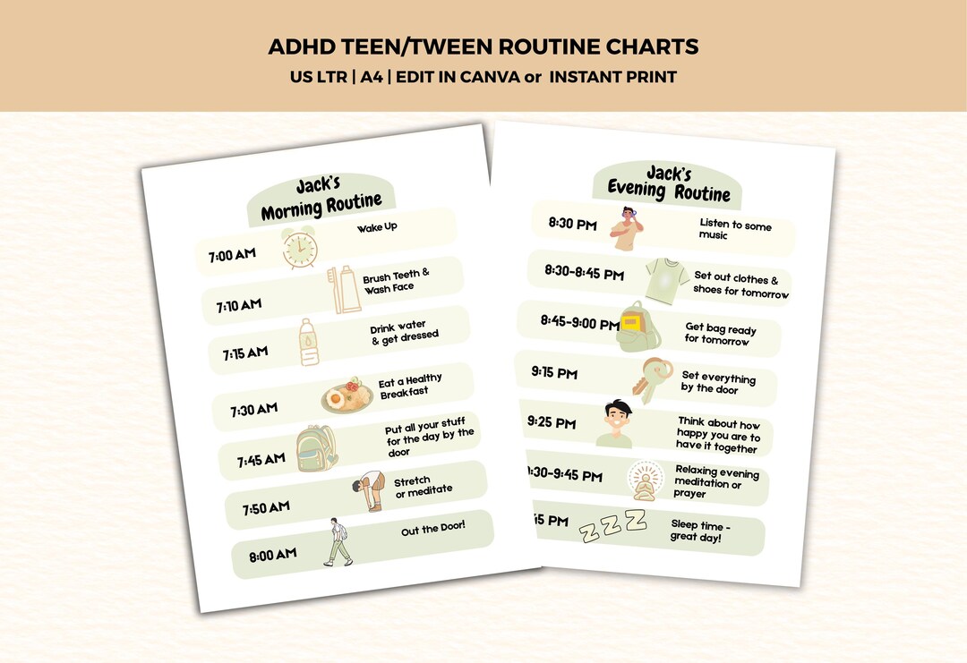 Daily Routine Charts for Teen/tween Boys, ADHD, Editable in Canva ...