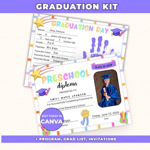 Op de afbeelding: Een afstudeerset met een kleuterdipoma en een afstudeercertificaat. Het diploma bevat een foto van een kind in een afstudeerjurk. De certificaten hebben kleurrijke randen en de tekst "Graduation Day" en "Preschool Diploma".