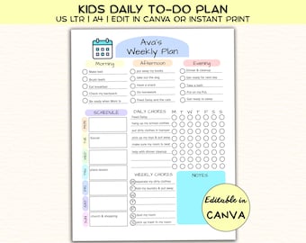 Weekly Planner Chart, Kids ADHD Weekly Checklist, Editable in Canva, Instant Printable