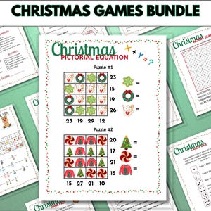 May include: A collection of Christmas-themed game sheets with various puzzles and activities. The sheets include pictorial equations, word searches, code-breaking, and dice games, all decorated with festive illustrations and the text "Christmas Games Bundle".