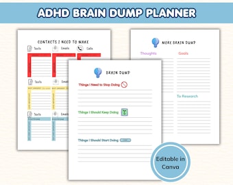 Puede incluir: Un planificador digital ADHD Brain Dump con tres páginas que incluyen secciones para contactos, lluvia de ideas, pensamientos, objetivos e investigación. Las páginas tienen encabezados coloridos, iconos y líneas. Un sello circular indica Editable in Canva.