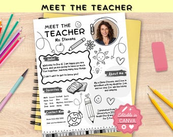 Meet the Teacher Editable Canva Template, Printable Teacher Introduction, Back to School Classroom Handout, School Open House Welcome