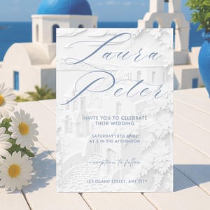 Lot de modèles de faire-part de mariage sur l'île de Santorin, blancs, Modèles entièrement personnalisables de la collection Îles grecques