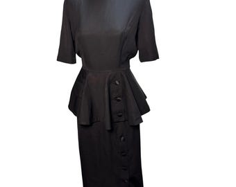 Vintage 1940s Jo Dee 2 Piece Peplum Skirt Suit Black Womens Size 13