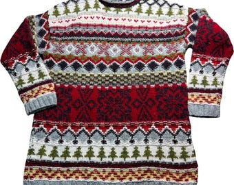 Limited Handknit Wool Sweater Womens Medium Red Grey Fair Isle Holiday Good