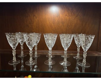 Fostoria Chintz Etched Floral Crystal Cordial Glasses Set of 10 Vintage Stemware