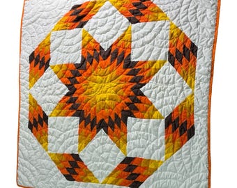 Vintage 1970s Hand Quilted Machine Pieced Star Quilt Orange Brown Yellow 50"