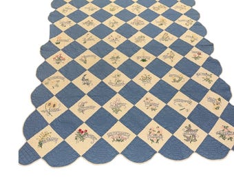 Vintage 48 State Embroidered Quilt 1930s Blue White Hand Quilted Scalloped Edge
