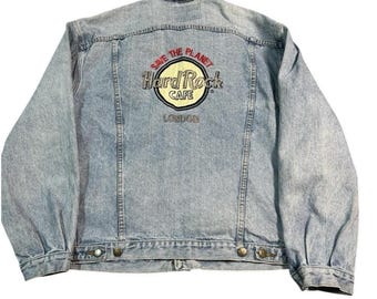 VTG Hard Rock Cafe Jeansjacke London Größe L Super 100% Baumwolle Erstaunliche Form