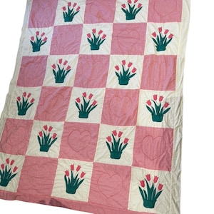 Handmade Vintage Quilt Queen Pink Gingham Tulip Applique Heart Patchwork 1970