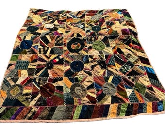 Antique Victorian Crazy Quilt Velvet Silk Hand Stitched Painted 77x71 c1885