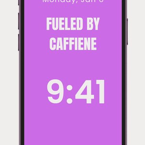 May include: A smartphone screen displays a purple background with white text. The text reads "Fueled by Caffeine" and "4am CLUB". The time displayed is 9:41, and the date is Monday, Jan 6.