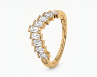Anello a zig-zag in oro massiccio con diamanti taglio baguette / Anello Art Déco a gradini, gioiello modernista