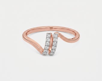 Anello a fascia curva a due file di diamanti / Anello bypass in oro massiccio / Gioiello di tendenza con diamanti sintetici