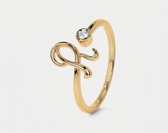 Anello con iniziale A personalizzata / Fascia in oro massiccio con diamanti a taglio bypass