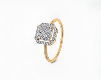Anello Art Déco ottagonale con diamanti / Fascia geometrica in oro massiccio con pavé, gioiello minimalista