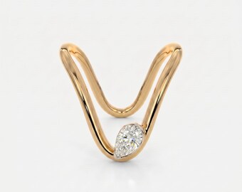 Anello bypass a V con diamante sintetico a taglio a pera / Gioiello minimalista in oro massiccio