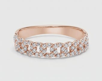 Anello a maglia cubana in oro rosa con pavé di diamanti / Fede nuziale con diamanti creati in laboratorio