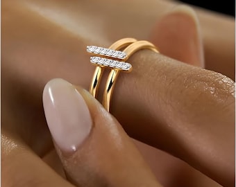 Anello a fascia in oro massiccio con doppia fila di diamanti pavé / Diamanti creati in laboratorio, fede minimalista impilabile