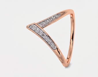 Anello a chevron con diamanti / Fede nuziale curva in oro massiccio, anello a forcella impilabile