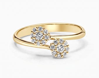 Anello Toi et Moi con diamanti a grappolo / Fede a fascia in oro giallo 14 carati, diamanti sintetici a forma di fiore
