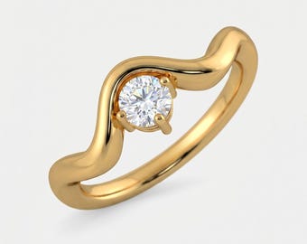 Anello a onda con diamante sintetico rotondo a taglio brillante da 1,00 CT / Fede a fascia fluida in oro massiccio