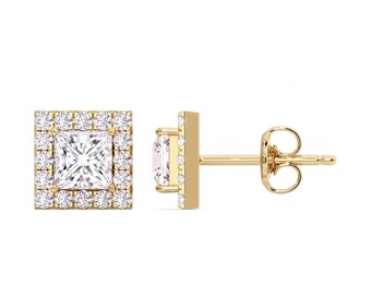 Orecchini a lobo con pavé di diamanti sintetici taglio princess da 1,00 carati / Gioielli da sposa in oro massiccio
