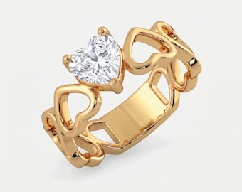 Anello con diamante sintetico taglio a cuore / Fede in oro massiccio con cuori intrecciati