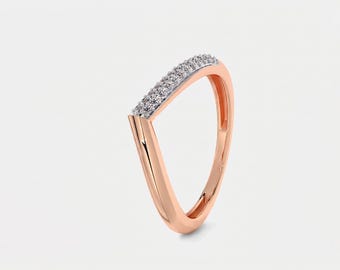 Anello a V con diamanti e parte superiore piatta / Fascia geometrica in oro giallo massiccio 14 carati