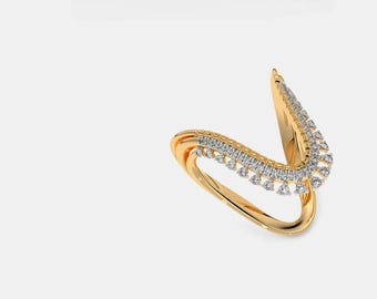 Anello a chevron con diamanti creati in laboratorio / Fascia a corona con frange in oro massiccio, gioielli da sposa boho