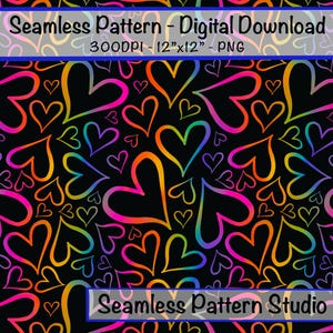 May include: Seamless digital pattern featuring a repeating design of colorful hearts on a black background. The hearts are outlined in vibrant rainbow hues, creating a lively and cheerful aesthetic. The image includes the text "Seamless Pattern - Digital Download".