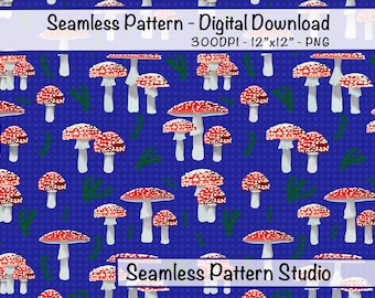 Magic Fairytale Mushrooms - Seamless Digital Pattern 300 DPI, PNG, Instant Download
